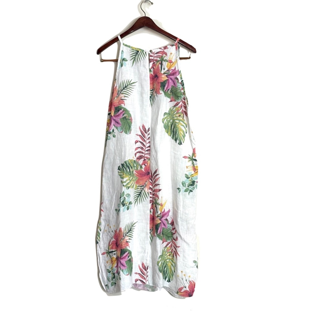 Lungo L'arno Linen Dress Womens Size Large White Floral Midi Coastal Beach - Picture 6 of 8